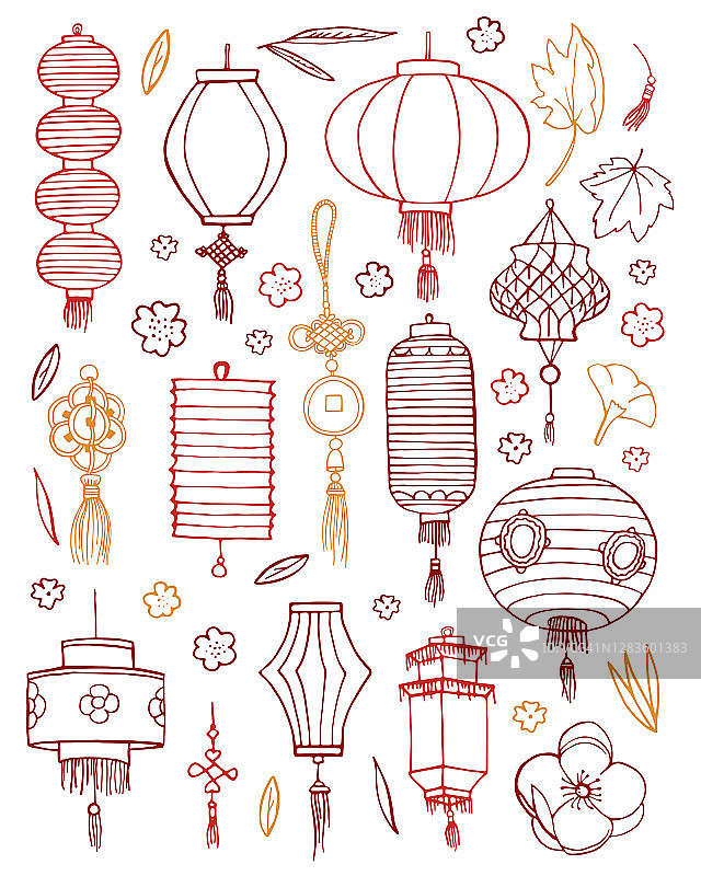一套传统的中国纸灯笼和装饰品。手绘轮廓矢量草图插图图片素材