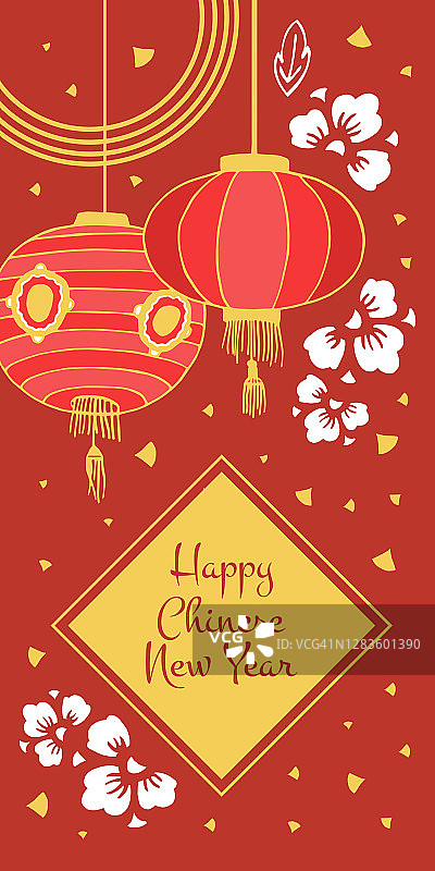 中国新年设计模板与纸灯笼，装饰和许愿。矢量手绘图图片素材