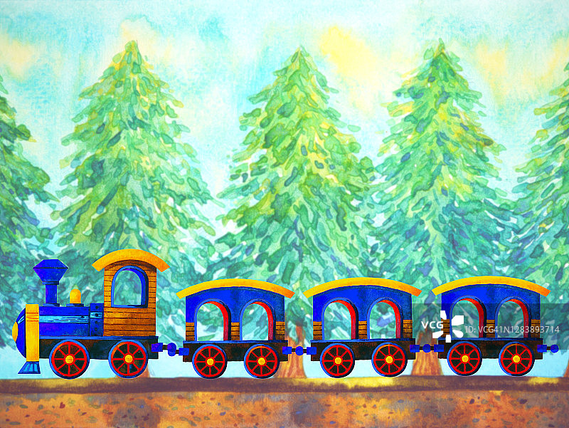 蓝色火车复古卡通水彩画旅行在圣诞节松树森林插图设计手绘图片素材