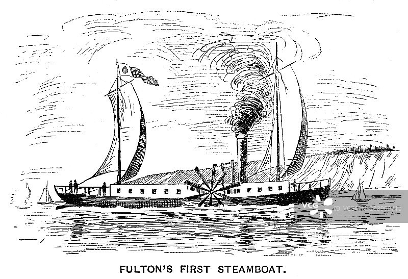 老雕刻插图罗伯特富尔顿的第一蒸汽船图片素材