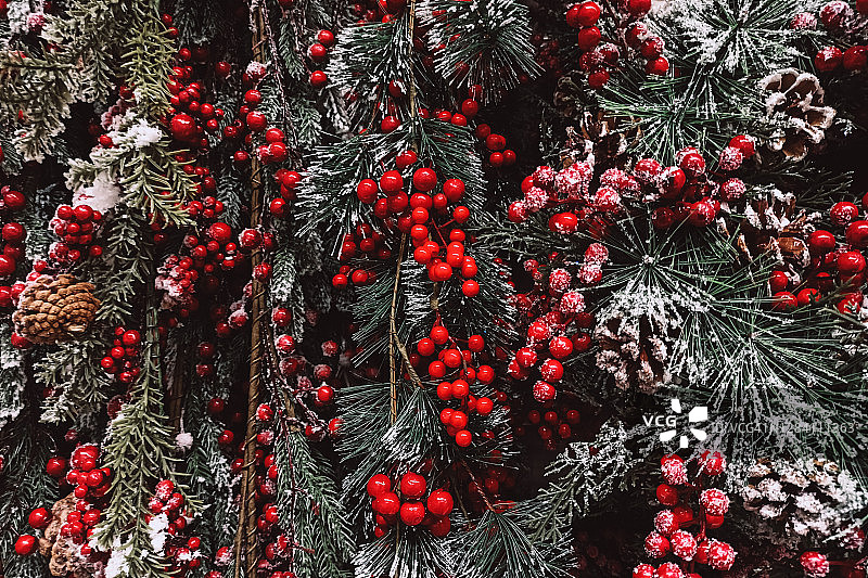 美丽明亮的圣诞树枝，锥形和红色的浆果作为背景图片素材