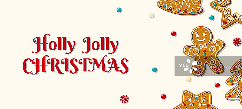 白色背景上自制姜饼的圣诞横幅。Holly Jolly Christmas短语图片素材
