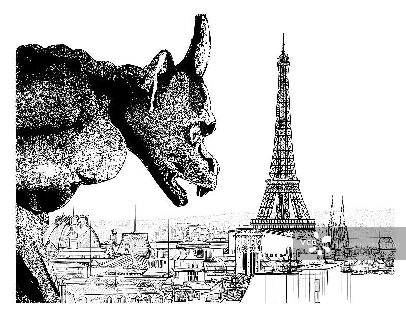 空中全景的巴黎与滴水嘴图片素材