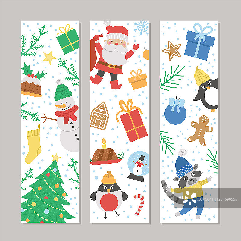 矢量圣诞书签与圣诞老人，冷杉树，雪人，鹿。有趣的新年设计横幅，海报，邀请。寒假垂直卡片模板与可爱的动物图片素材