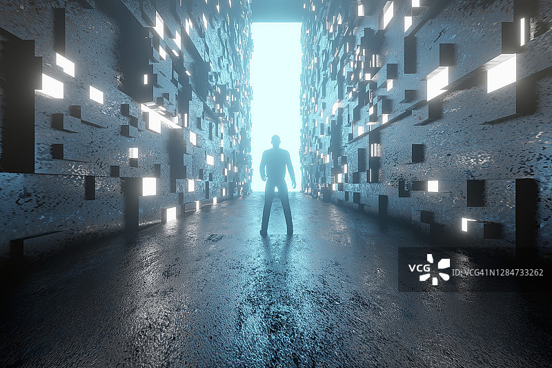3D渲染的剪影男子站在发光的蓝色出口在黑暗的走廊尽头图片素材