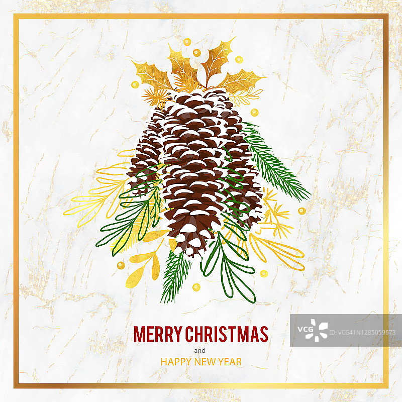 金圣诞卡设计模板与松果，冬季植物，冷杉，云杉，松树树枝和浆果。图片素材