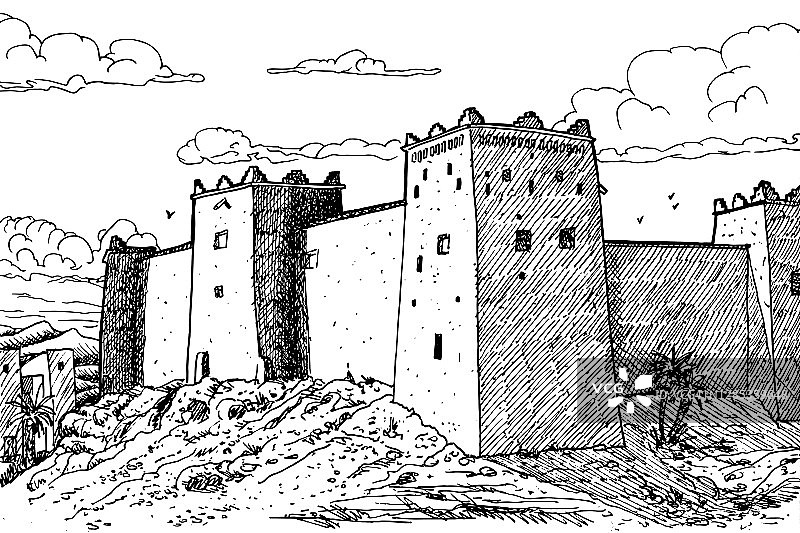 卡斯巴陶尔尔特(Kasbah taoururt)，前堡垒宫殿，位于瓦尔扎扎特村。摩洛哥沙漠中的一个城镇，主要居住着柏柏尔人。墨水画画。图片素材