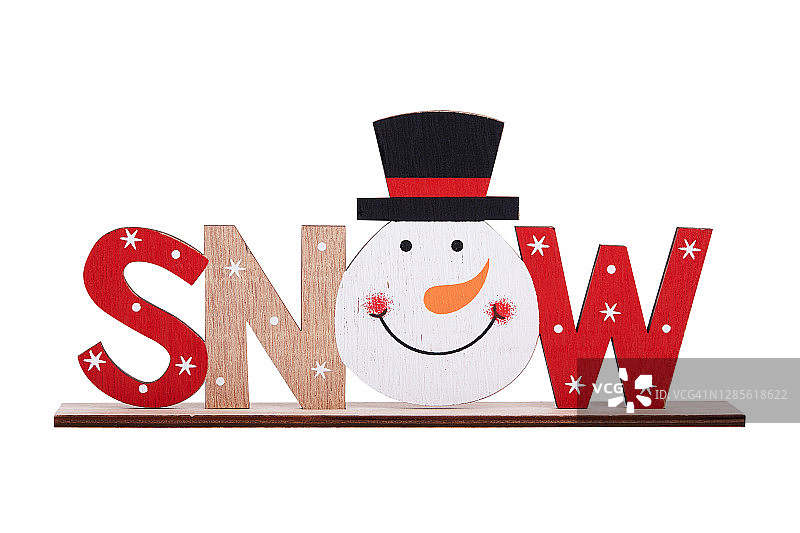 木制圣诞信板与雪字，孤立在白色的背景图片素材