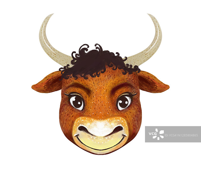 插图的卡通棕色红牛与角的肖像。在白色的背景上微笑有趣可爱的卷发公牛。图片素材