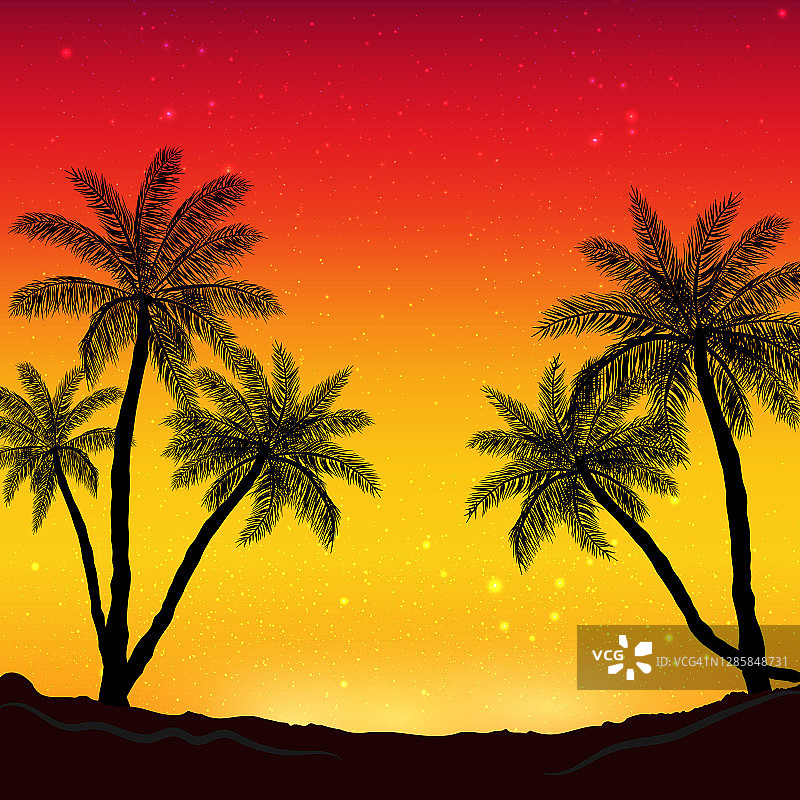 夜晚全景在海滩的背景与棕榈树图片素材
