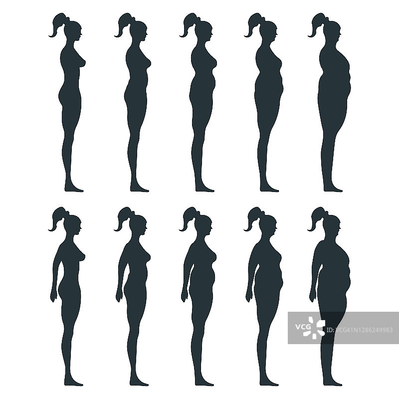 黑色视图侧体剪影，肥胖超重女性解剖人的性格，人假隔离在白色，平面矢量插图。不健康的生活方式。图片素材