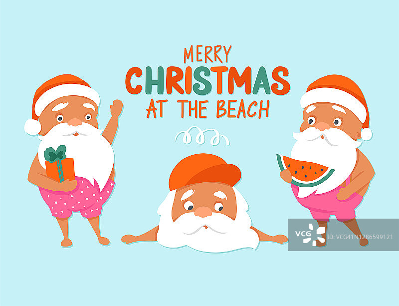 海边圣诞快乐。夏季圣诞人物。热带圣诞和新年快乐图片素材