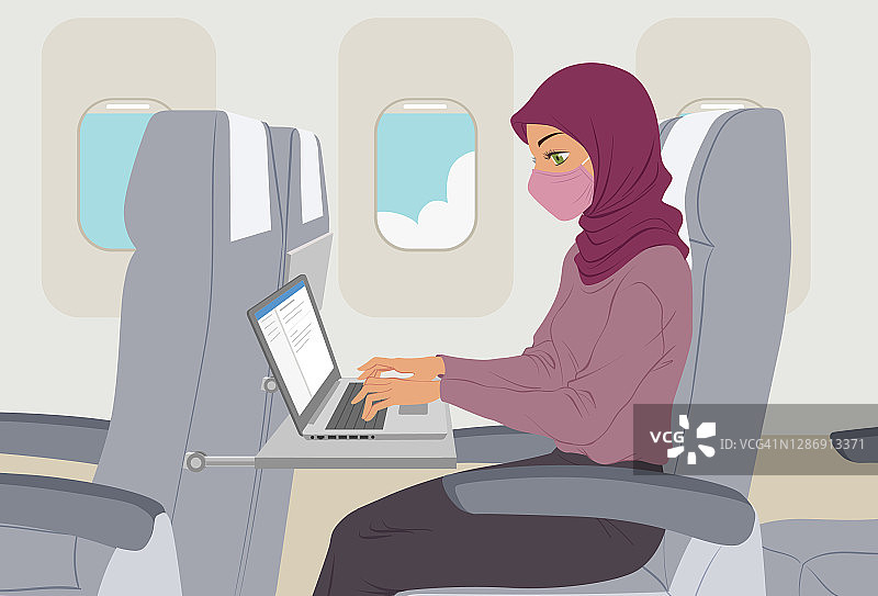 穆斯林商务女性带着口罩乘飞机旅行图片素材