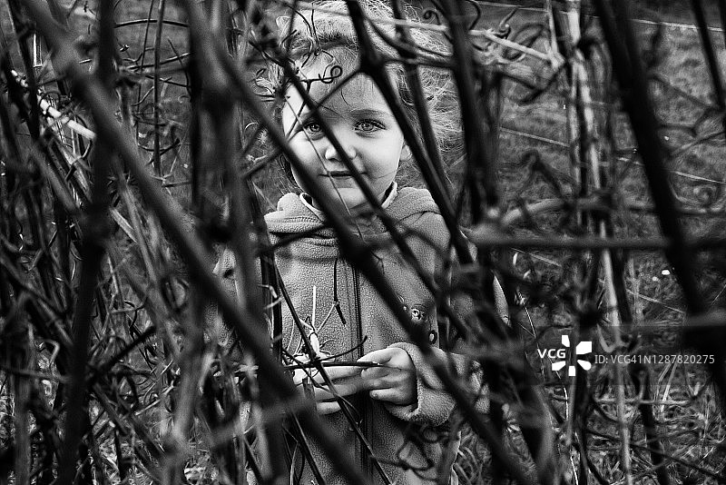 微笑的女孩躲在灌木丛中图片素材