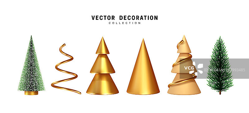 一套圣诞树。3d渲染收集的金色和米色尖锐的锥形形状，郁郁葱葱的松树和云杉绿树。抽象的装饰。圣诞对象孤立在白色背景图片素材