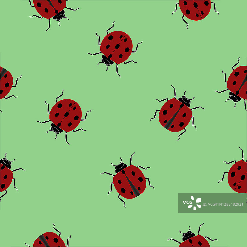 无缝模式的瓢虫隔离在绿色背景。矢量插画好运概念设计。图片素材