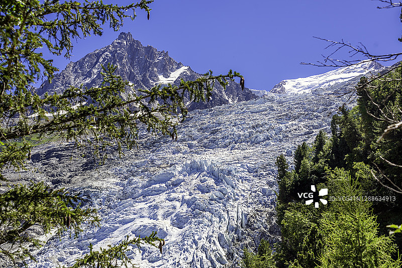 夏蒙尼附近的Bossons冰川，背景中的Aiguille du Midi图片素材