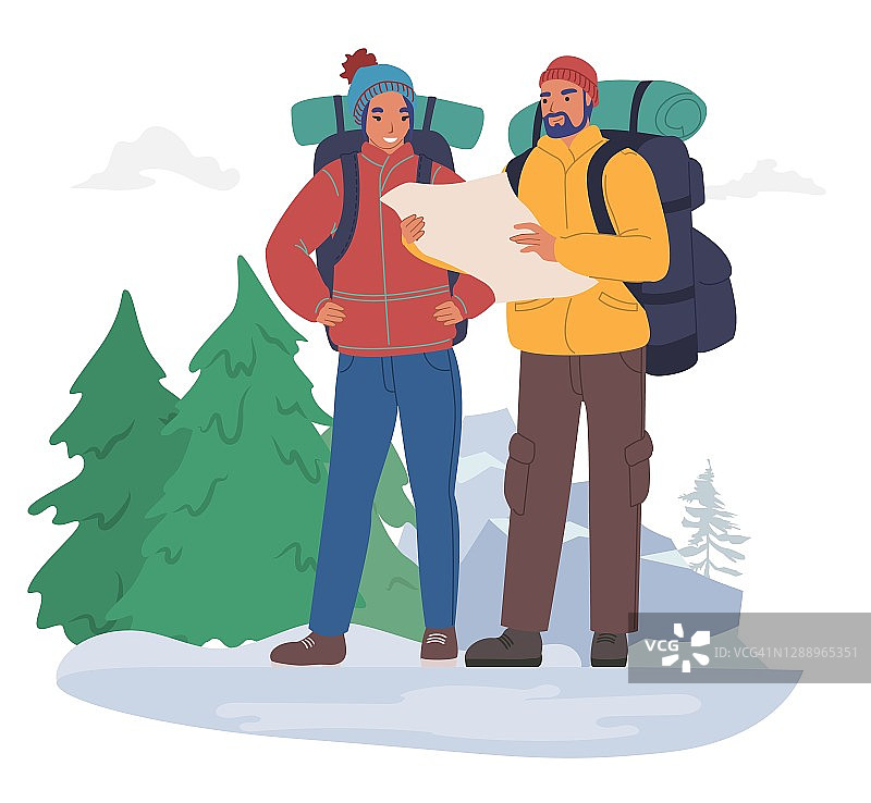 快乐的游客夫妇带着背包穿着冬装看着地图，平面矢量插图。冬季旅游。图片素材