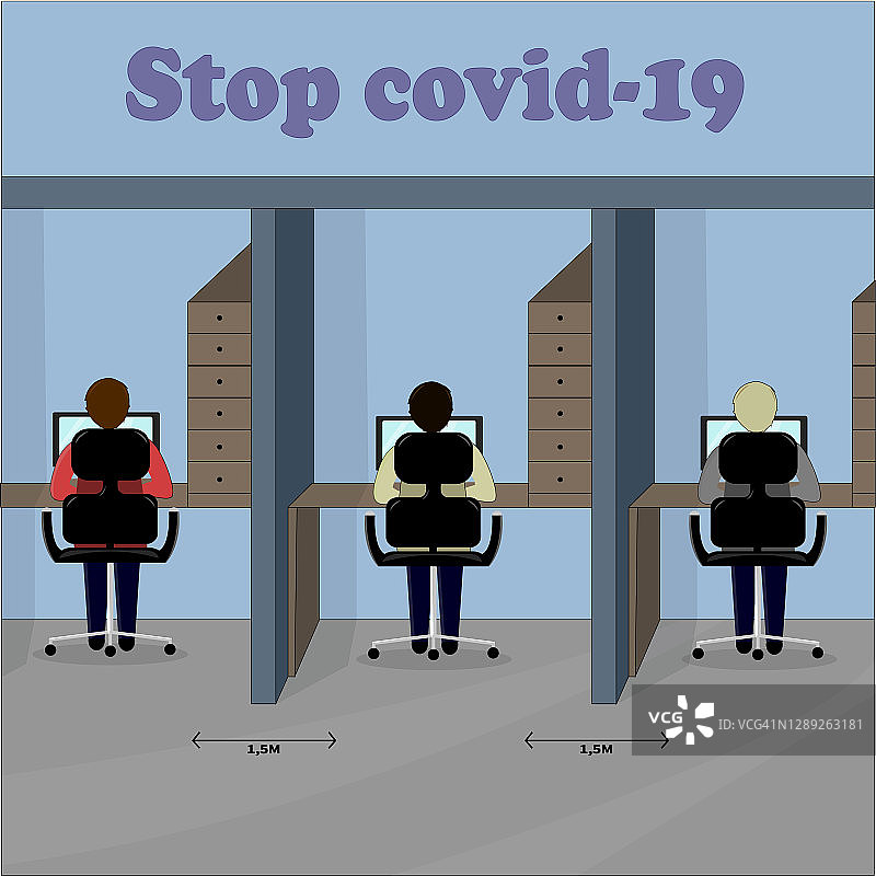 在办公室里保持社交距离。员工在办公桌上一起工作，保持距离应对covid - 19病毒。插图图片素材