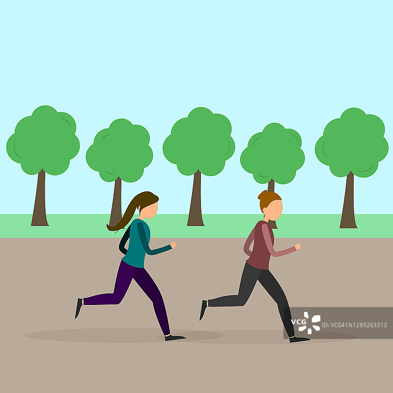 穿着运动服在公园里跑步的女人。插图。图片素材