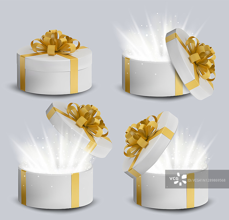 收藏礼盒，上面有金色丝带和蝴蝶结。节日的礼物圆盒，里面有闪亮的火花和明亮的光线。新年和圣诞节设计。矢量插图。图片素材