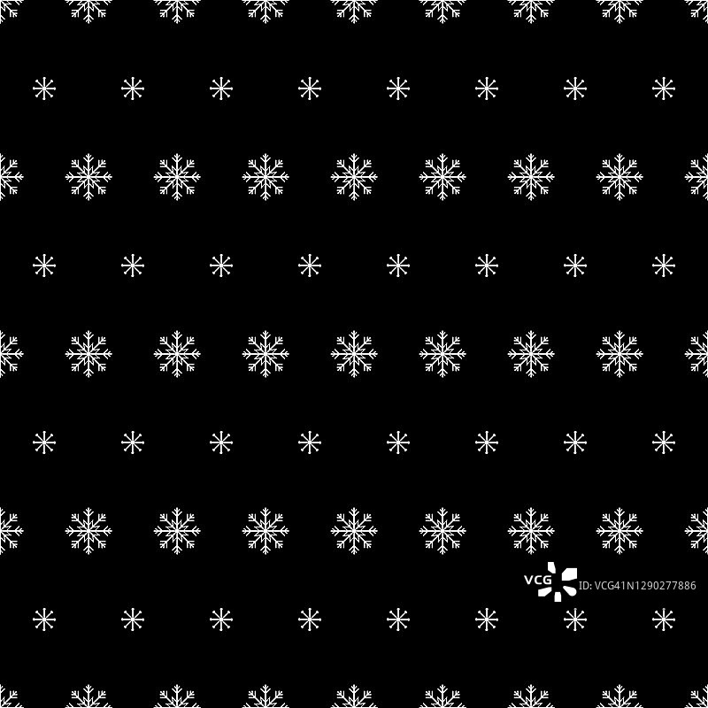 雪花无缝模式。雪在黑色的背景上。抽象墙纸，包装装饰。圣诞假期快乐，新年庆祝快乐。图片素材