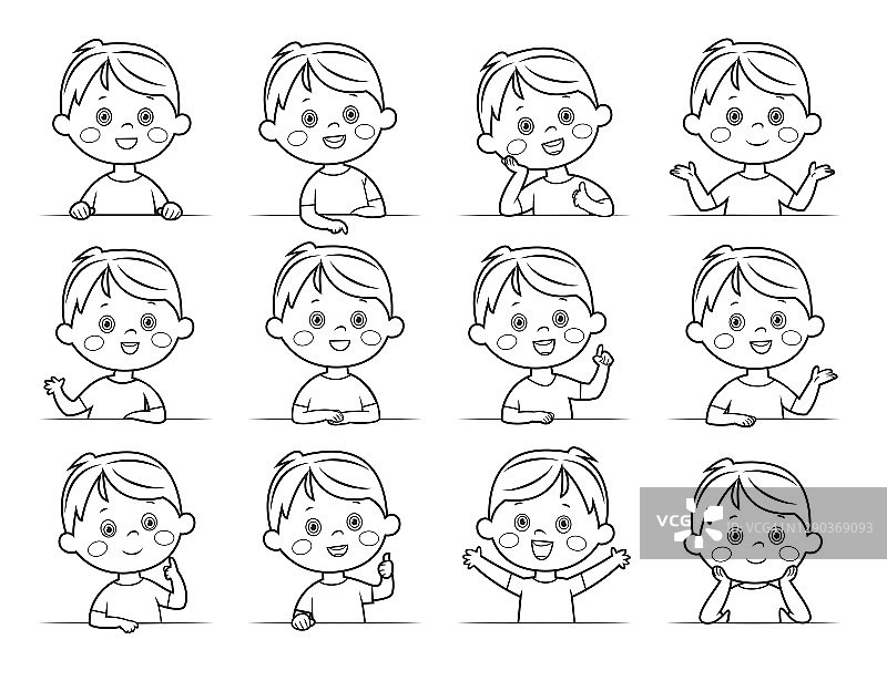 黑色和白色，小男孩的面部表情，卡通矢量插图孤立在白色的背景图片素材