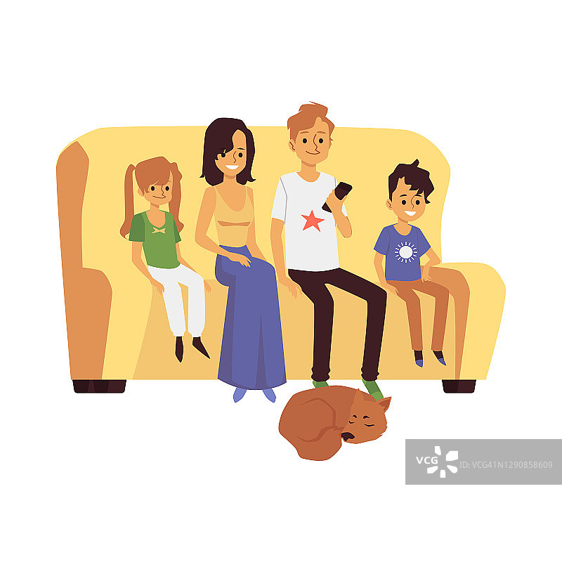 幸福的一家人和小狗坐在家里的沙发上，平面矢量插图孤立。图片素材