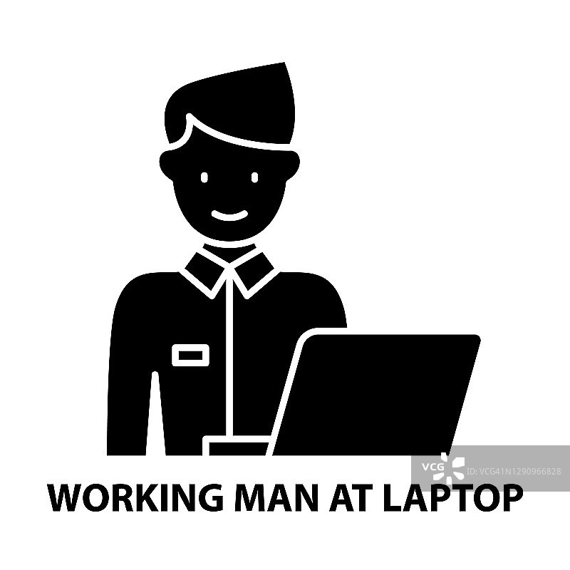 工作人员在笔记本电脑图标，黑色矢量符号与可编辑的笔触，概念插图图片素材
