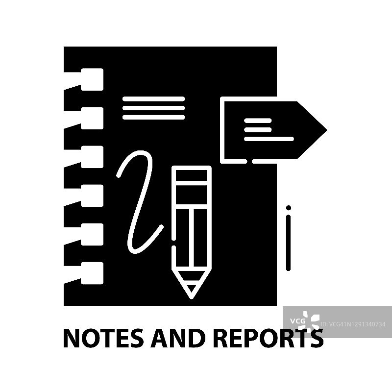 笔记和报告图标，黑色矢量符号可编辑笔画，概念说明图片素材