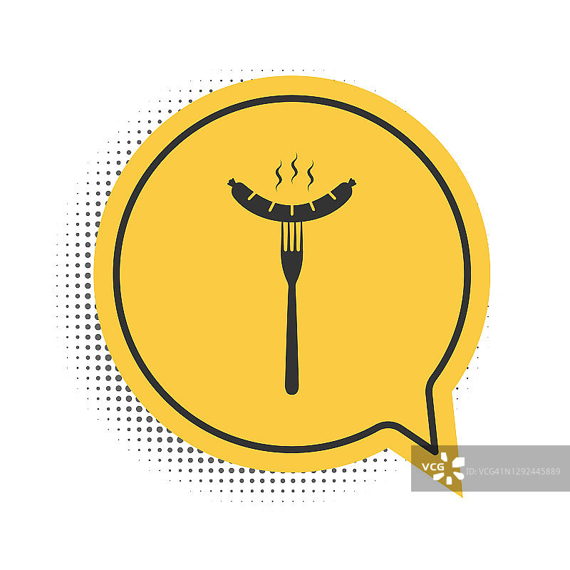 黑香肠在叉与蒸汽图标隔离在白色背景。烤香肠和香气的标志。黄色语音气泡符号。向量图片素材