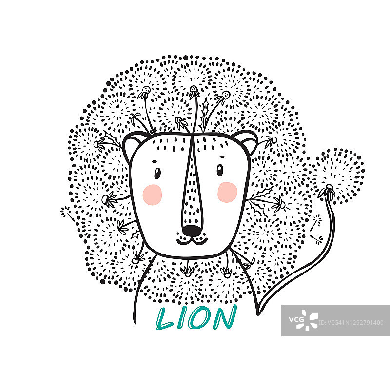 t恤印花设计的儿童时尚与可爱的花狮子。手绘涂鸦狮子头蒲公英花鬃毛。夏天的名片。卡通动物矢量插图。儿童印刷或海报图片素材