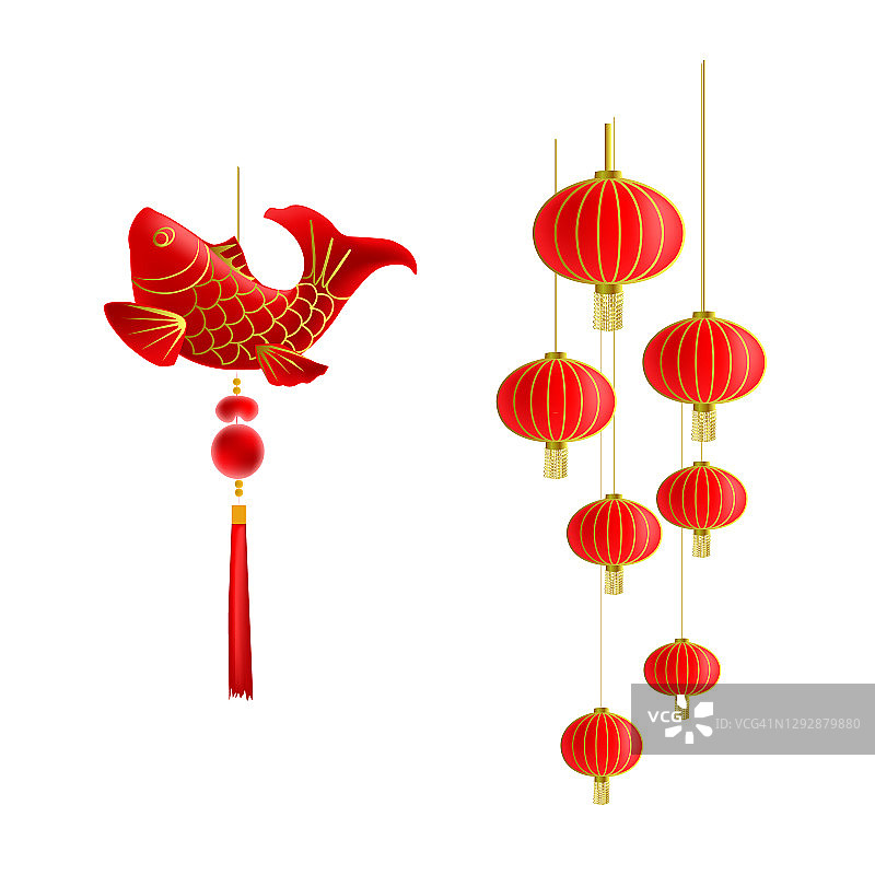 传统的中国新年装饰红色的金鱼和红色的灯在白色的背景。矢量图图片素材
