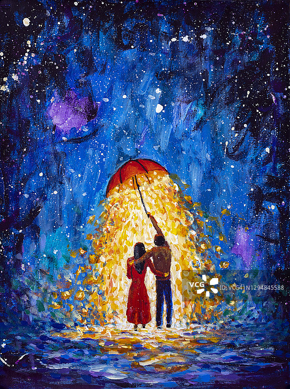 浪漫的画插图。浪漫艺术现代绘画一对相爱的情侣在冬日星夜的发光伞下散步。当代艺术为童话书图片素材