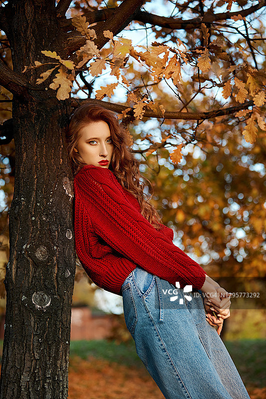 穿着红毛衣的红头发年轻女子在公园散步。秋天美丽的肖像，一个时尚的红发女人在日落图片素材