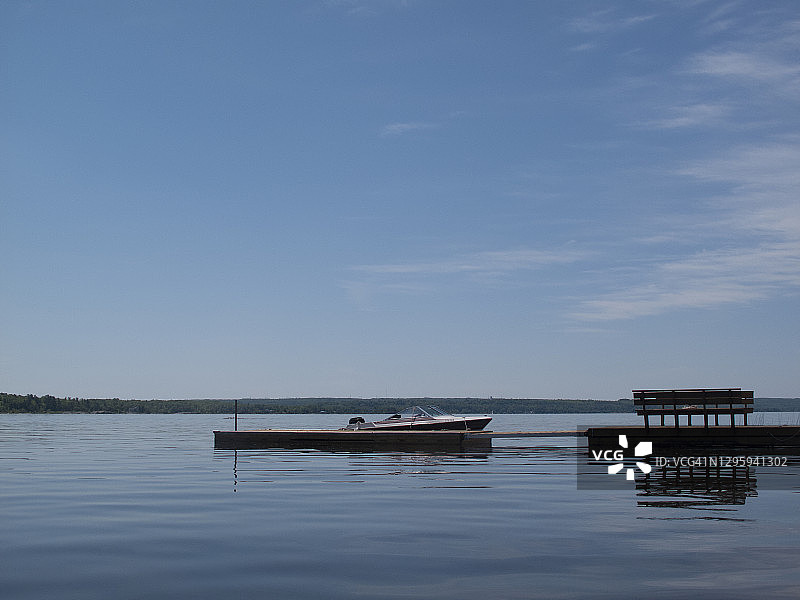 在加拿大安大略省米德兰，一艘小船停泊在宁静的蓝色湖畔图片素材