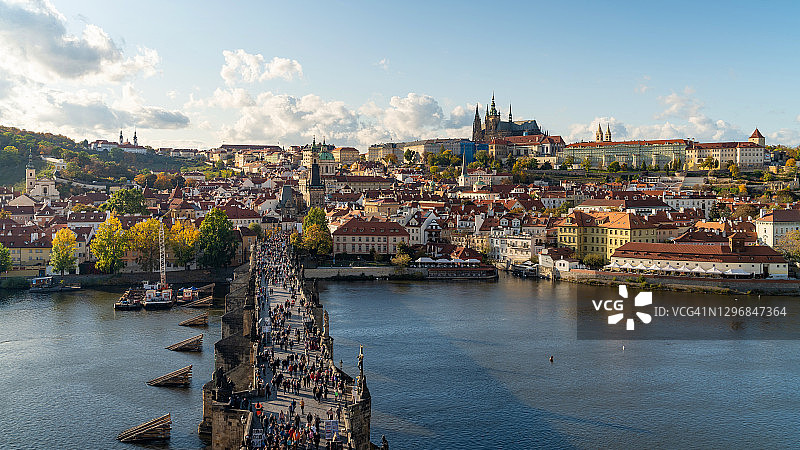 布拉格，捷克共和国，城市全景包括查尔斯桥和布拉格城堡图片素材