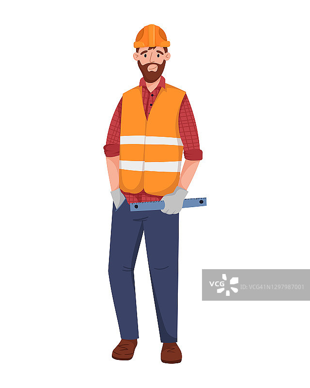 矢量插图的全长男性工人穿着橙色反光工作背心。一个戴着安全帽的道路或建筑工人手里拿着一把尺子。明亮的卡通插图。图片素材