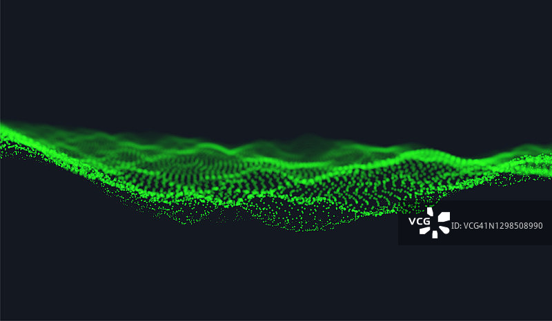 抽象的绿色粒子背景。流波与点景观。数字数据结构。未来的网格或声音网格。可视化模式点。技术的矢量插图。图片素材