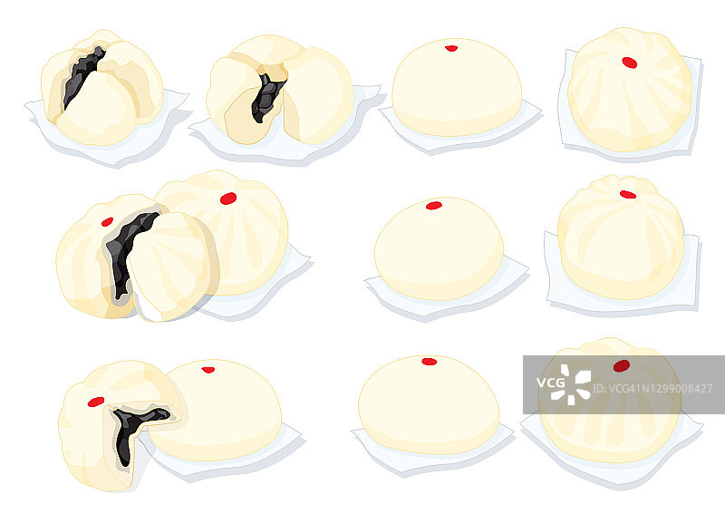 豆沙馒头和中餐在白色背景矢量插图图片素材
