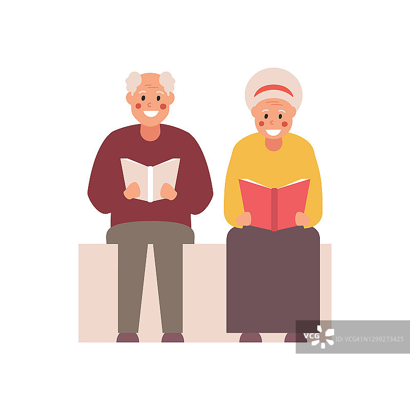爷爷和奶奶正坐着看书。矢量图图片素材