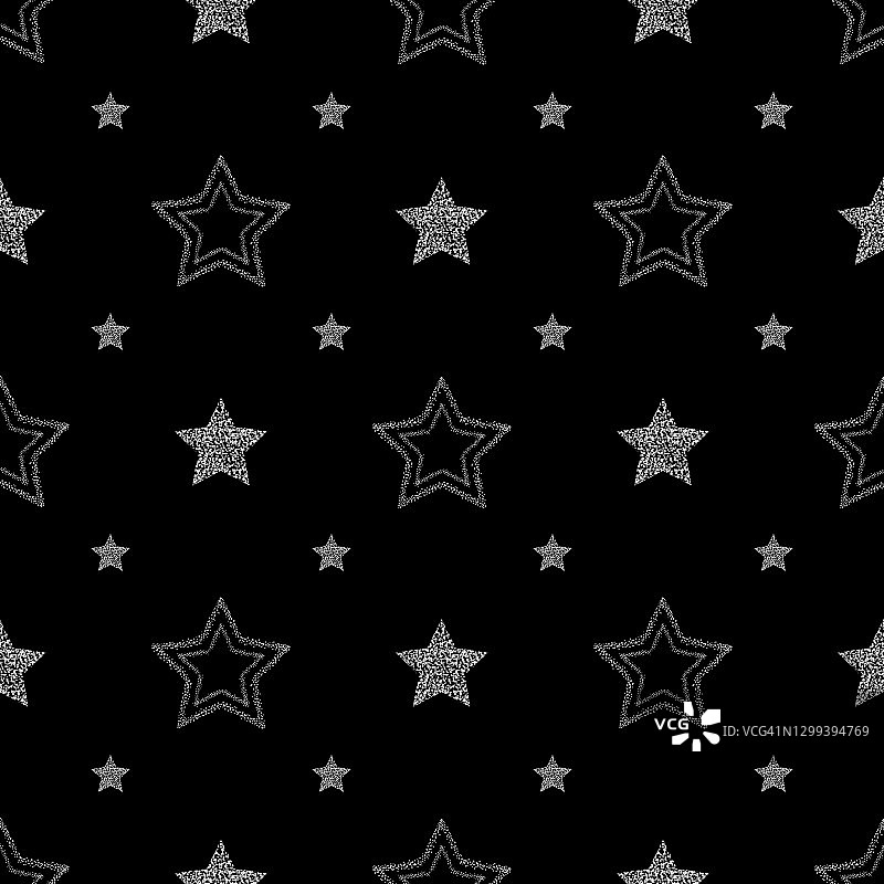 无缝模式与银色的星星在黑色的背景。银光闪烁的节日背景。假日模式。装饰礼物包装纸，明信片，卡片，封面，织物。模式为圣诞节。图片素材