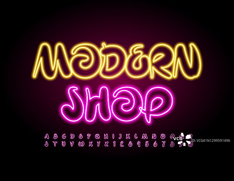 向量发光标志现代商店。粉色霓虹字母和数字集图片素材