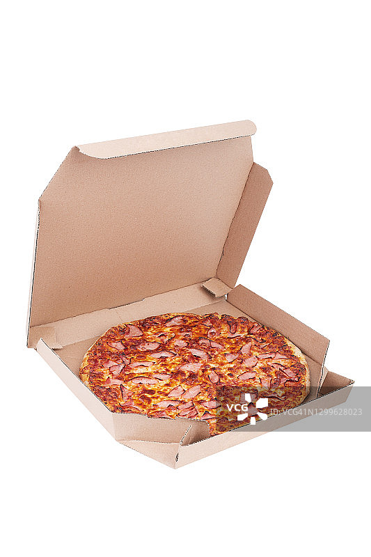 白色背景的火腿披萨盒图片素材
