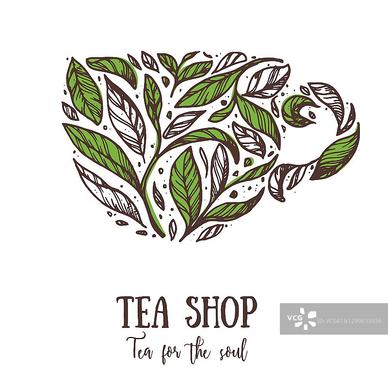 茶叶概念插图。茶杯里的茶叶。手绘草图。黑白矢量插图。概念茶设计。图片素材