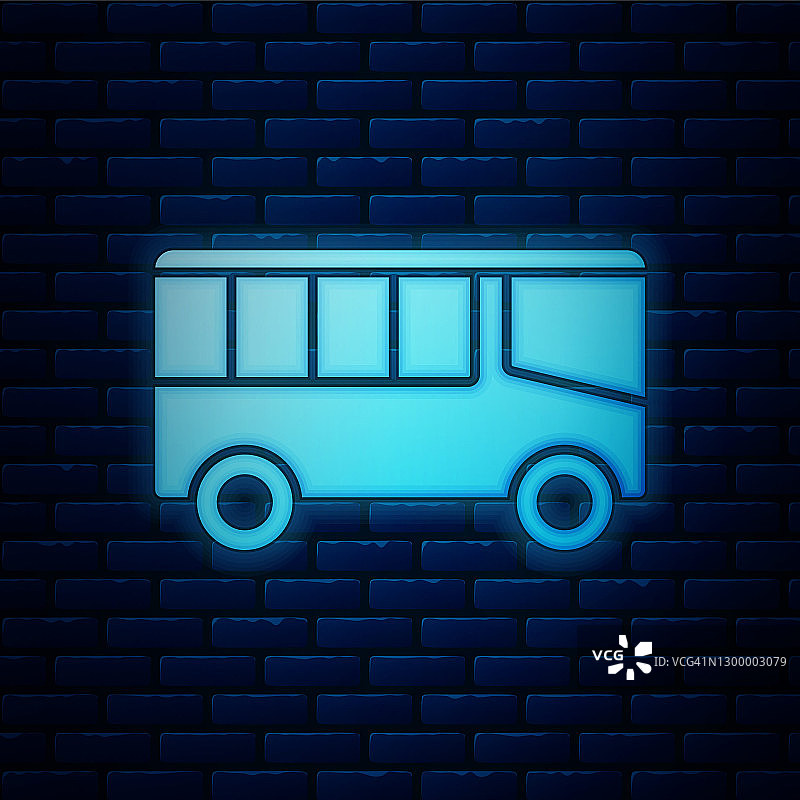 发光的霓虹灯巴士图标孤立在砖墙背景。运输的概念。巴士旅游交通标志。旅游或公共车辆标志。向量图片素材