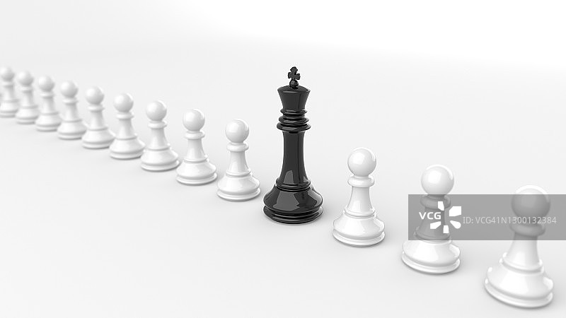 领导理念，黑棋之王，从白兵大军中脱颖而出，以白棋为背景图片素材