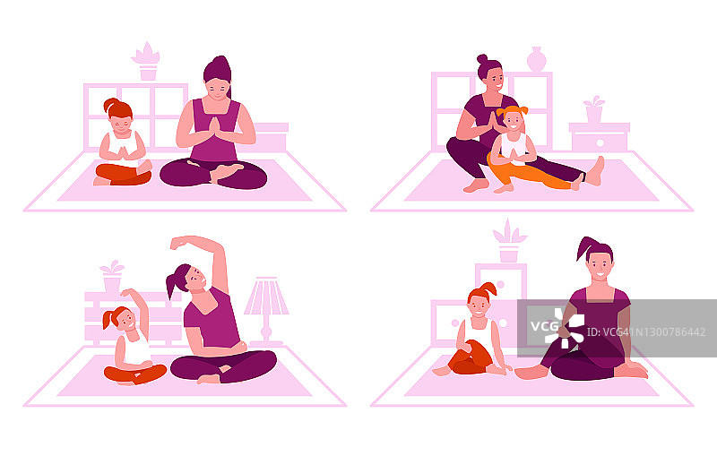 家庭健身的概念。母亲和女儿一起做瑜伽。健康的生活方式，花时间在一起。平面风格的向量插图集。图片素材
