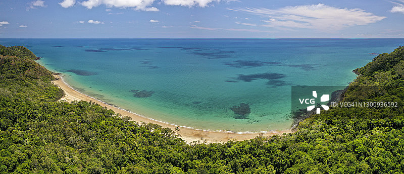 海湾有平静的绿松石海，海滩，热带雨林，蓝天与白云图片素材