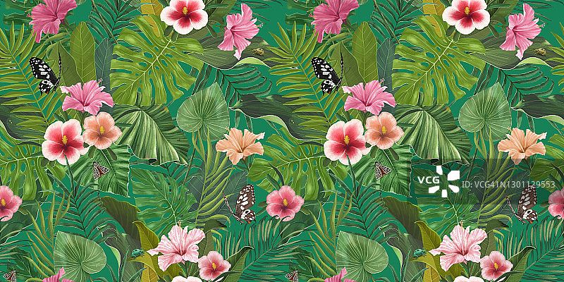 原无缝热带模式与木槿的花和叶。充满异域风情的夏威夷墙纸。图片素材